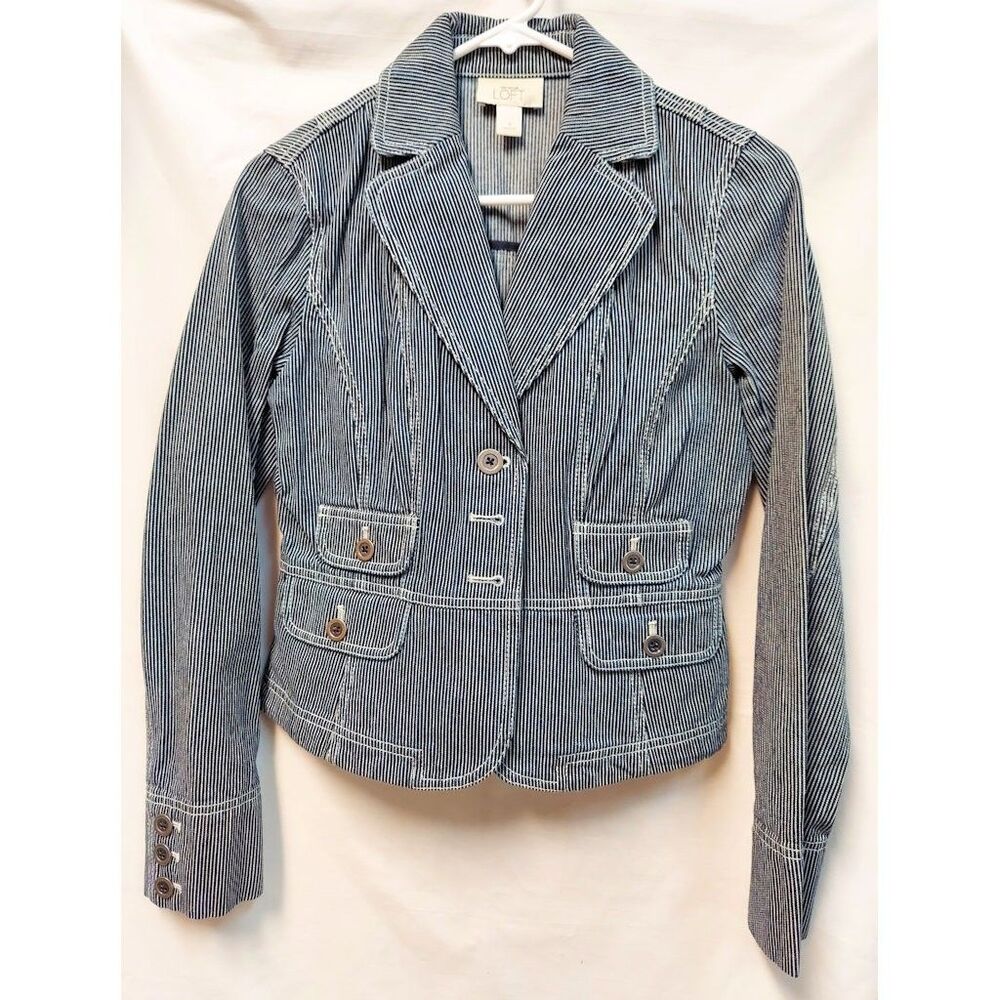 Ann Taylor Loft Striped Denim Jacket Blue White Button Pockets Size 0